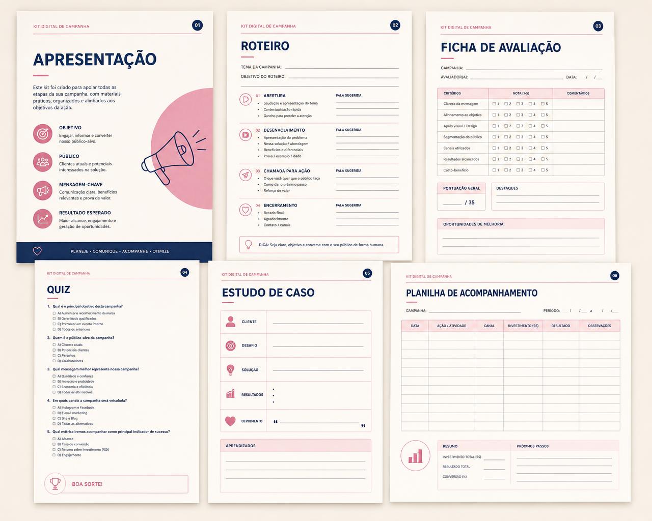 Páginas internas do kit: apresentação, roteiro, ficha de avaliação, quiz, estudo de caso e planilha de acompanhamento, com detalhes em rosa e azul.